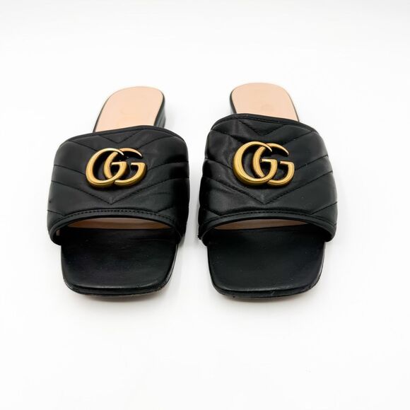 Gucci GG Marmont Quilted Chevron Black Leather Sandals Mules Flats - Picture 3 of 14